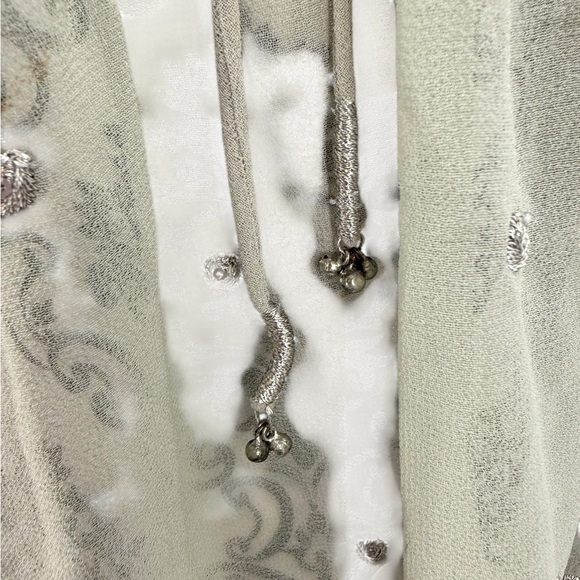 Free People Ready To Run Embellished Smocked Sheer Blouse Grey Mist Boho Chic - Picture 6 of 13